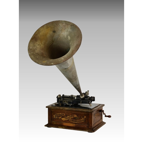 212 - An oak cased Edison Triumph phonograph, having matched aluminium horn, serial number 39729, banner t... 
