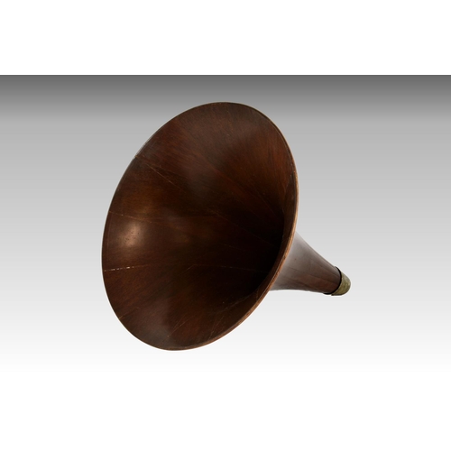 209 - A rare HMV laminated panelled oak spear tip gramophone horn, early 20th century, having original cir... 