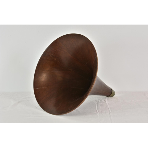 209 - A rare HMV laminated panelled oak spear tip gramophone horn, early 20th century, having original cir... 