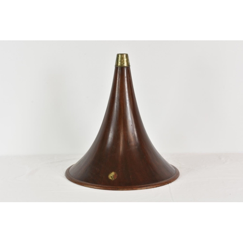 209 - A rare HMV laminated panelled oak spear tip gramophone horn, early 20th century, having original cir... 