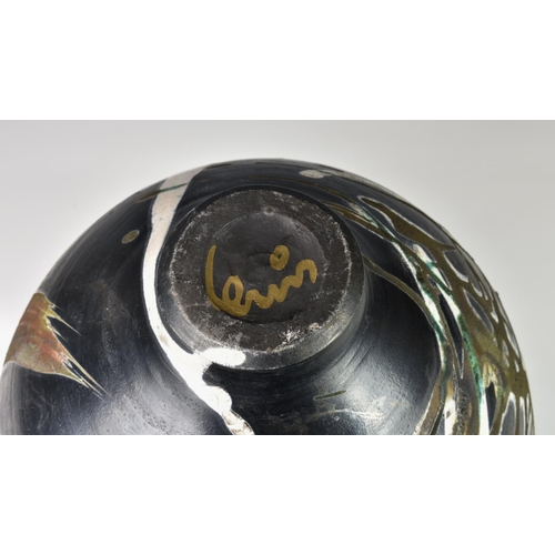 22 - A Canadian studio pottery wood fired vase by Larry Aguilar, with organic autumnal decoration, script... 