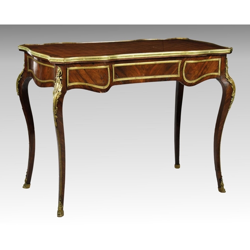555 - A Louis XV style gilt metal mounted rosewood and kingwood serpentine centre table, c.1900, the diamo... 