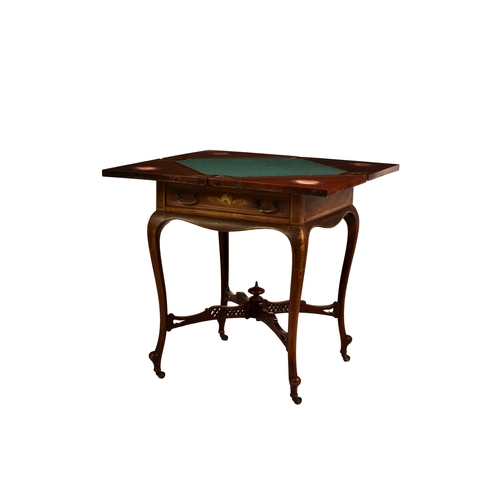 272 - An Edwardian walnut and marquetry envelope card table, the top inlaid with a torch & quiver, swags a... 