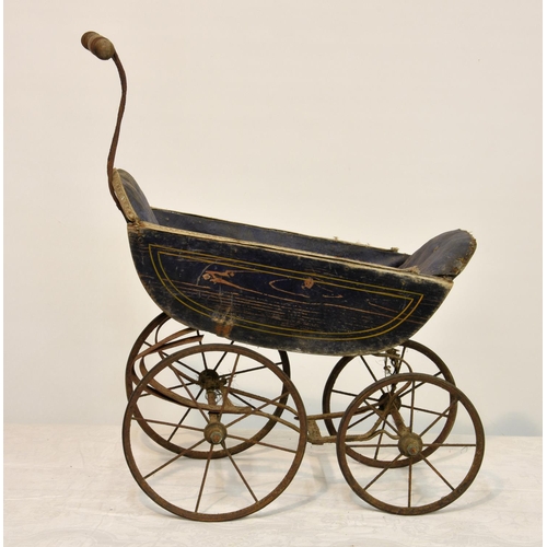 149 - Three late 19th to early 20th century doll's prams of varying sizes, requiring restoration, showing ... 