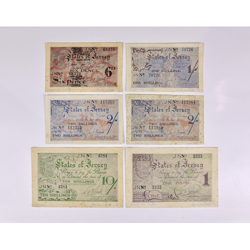 133 - A rare set of six States of Jersey Occupation banknotes signed in ink by Edmund Blampied, the design... 