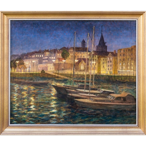 175 - Margaret Waller (British, 20th century), St Peter Port at night oil on board, signed 'Margaret Wall... 