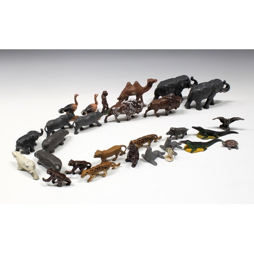 130 - A collection of vintage cast metal cold painted toy animal figures, comprising of Elephants; Buffalo... 