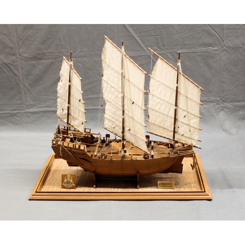 2 - A hand built wooden model of a Chinese junk, made in Thailand by The Miniature Shipyard, the three m... 