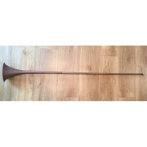 312 - An antique copper and brass coaching horn, of typical form, stamped 'LONDON TO CHESTER', 46¾in. (118... 