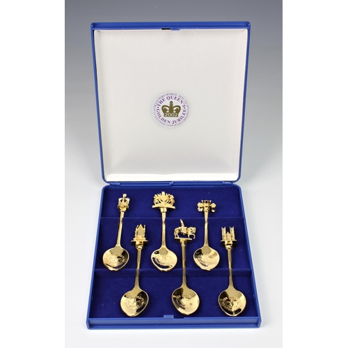 326 - A boxed set of six 'The Queen's Golden Jubilee' gold plated teaspoons, by Collectors World, the fini... 