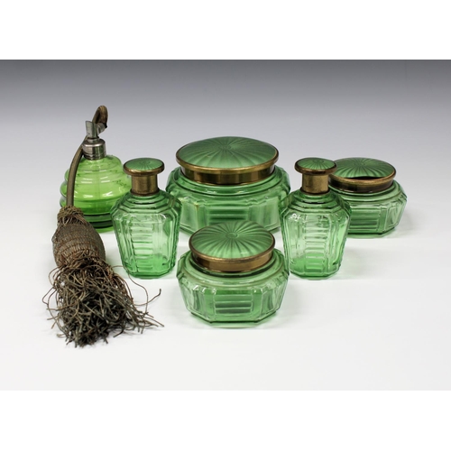 333 - A vintage six piece moulded green glass and faux enamel dressing table set, comprising perfume atomi... 