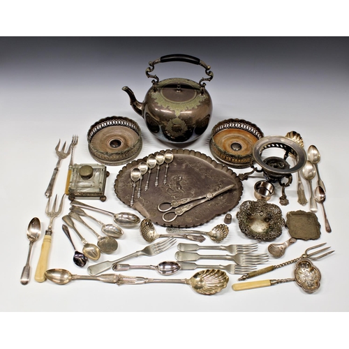 340 - A large collection of silver plate, comprising a pair of pierced wine coasters; repoussé tray; grape... 