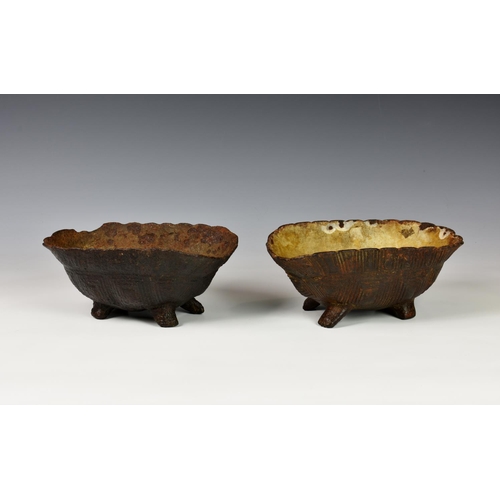 353 - Two novelty Victorian cast iron dog bowls fashioned as inverted tortoises, the larger with indistinc... 