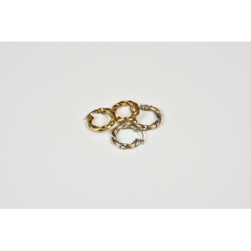 812 - Two pairs of loop twist 9ct gold earrings, one in yellow gold, the other pair in white gold, weight ... 
