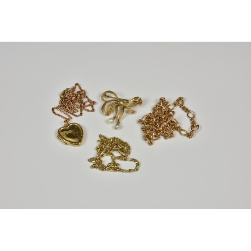 813 - A small collection of 9ct gold jewellery, to include a ribbon bow brooch with seed pearl drops; hear... 