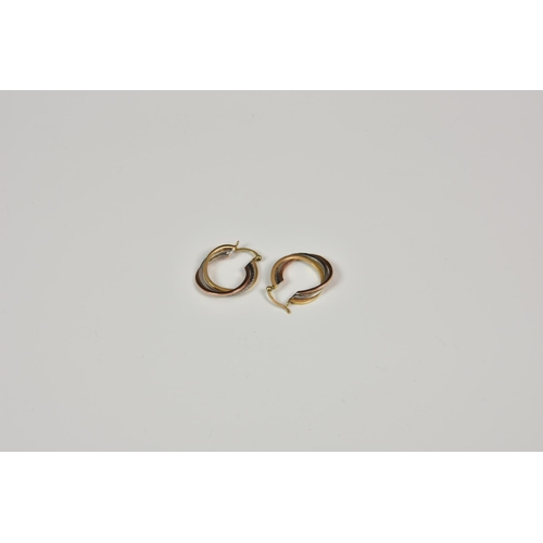 817 - A pair of three colour gold triple hoop earrings, the central white gold band set with melee diamond... 