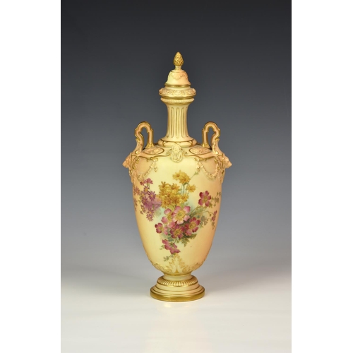 822 - A Royal Worcester blush ivory porcelain vase and cover, date code for 1897, printed purple factory m... 