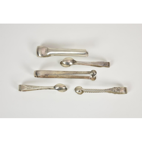835 - A collection of various silver sugar tongs, comprising a George III pair of slender form with round ... 