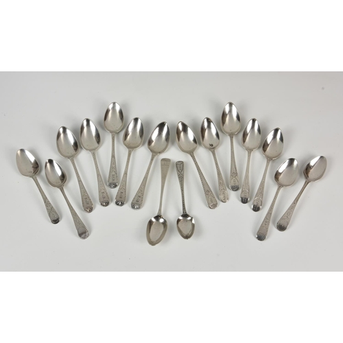 836 - A collection of sixteen various bright cut Old English pattern teaspoons, mostly Georgian, various m... 