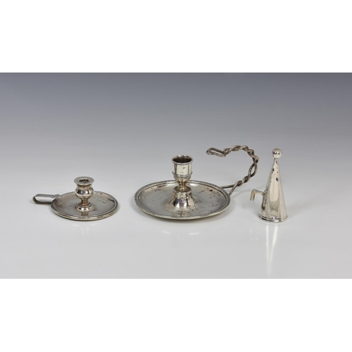 838 - A Continental silver chamberstick with twin serpent handle, circular form with twin serpent twist ha... 