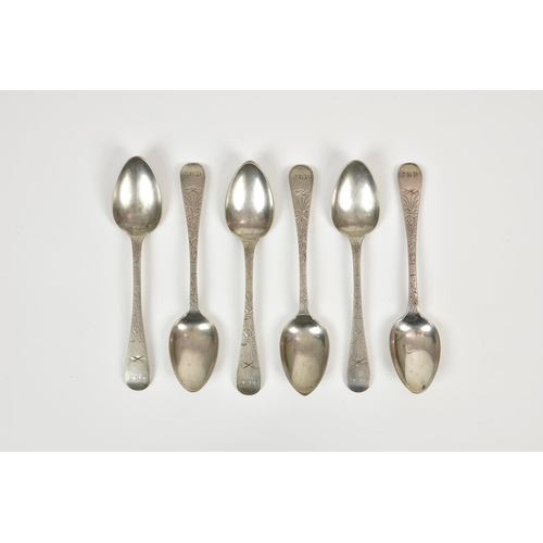840 - A set of six Channel Islands bright cut Old English pattern teaspoons, maker's mark JLG (John Le Gal... 