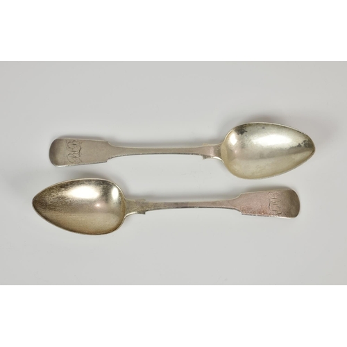 844 - A pair of Channel Islands fiddle pattern soup spoons, maker's mark TDG, struck once (Thomas de Gruch... 
