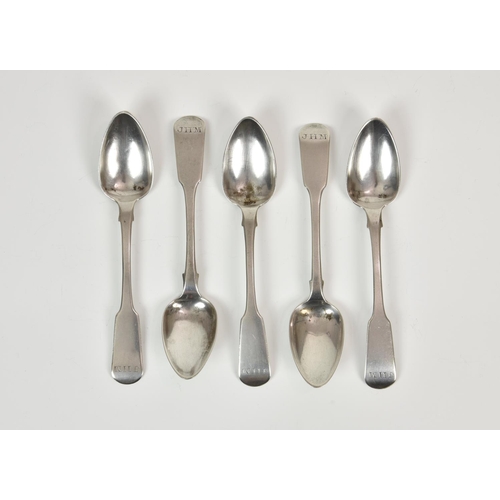 845 - A set of five Channel Islands silver fiddle pattern teaspoons, maker's mark CWQ, struck once (Charle... 