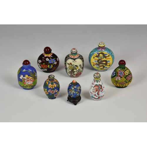 917 - A collection of eight enamel decorated 20th century and earlier Chinese snuff bottles, of varying fo... 