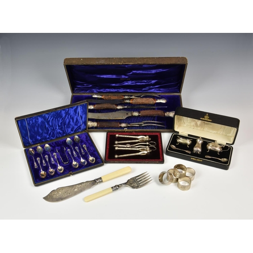 948 - A collection of antique cased silver plated cutlery, comprising a cased horn carving set by Mackey B... 