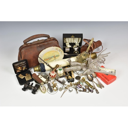 970 - A rummage tray of collectables, to include police whistle; various pin badges; knives; telescope; co... 