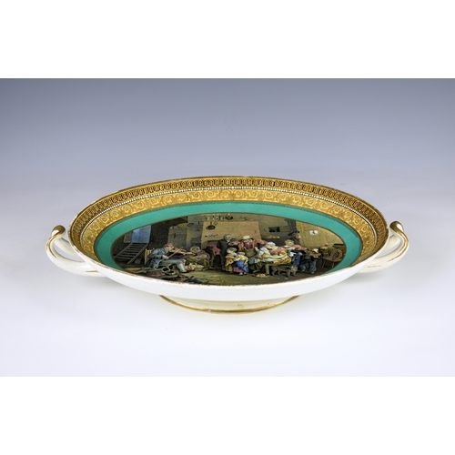 321 - A two handled oval Prattware saucer dish, 19th century, the interior scene of a family being enterta... 