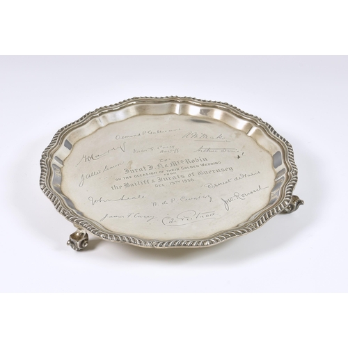 1005 - Guernsey interest - A presentation silver card salver, Viner's Ltd, Sheffield, 1936, of typical form... 