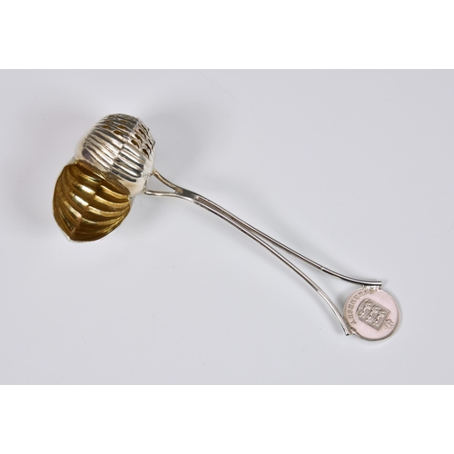 1006 - Channel Islands interest - an unusual silver plated nautilus shell sugar sifter spoon, the twin rod ... 