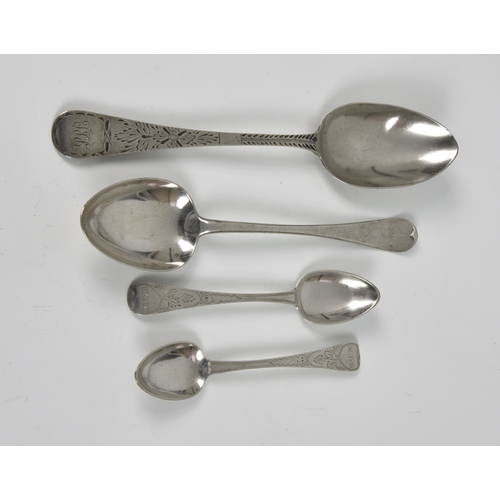 1010 - A collection of four Channel Island silver spoons, to include a pair of bright cut Old English patte... 