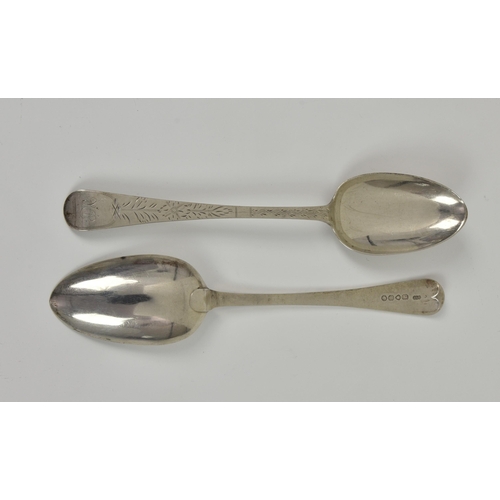 1011 - A pair of Channel Islands bright cut Old English pattern table spoons, maker's mark JLG, struck once... 