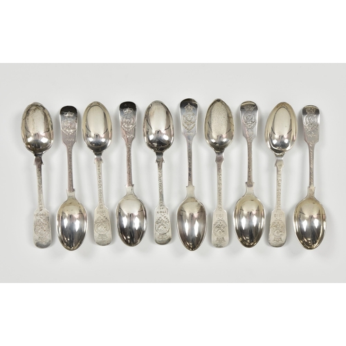 1015 - A set of ten (10) Royal Guernsey Militia shooting prize teaspoons, various dates and maker's, 1909-1... 