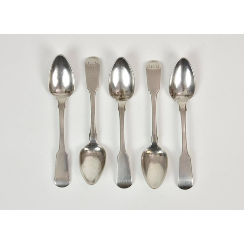 1017 - A set of five Channel Islands silver fiddle pattern teaspoons, maker's mark CWQ, struck once (Charle... 