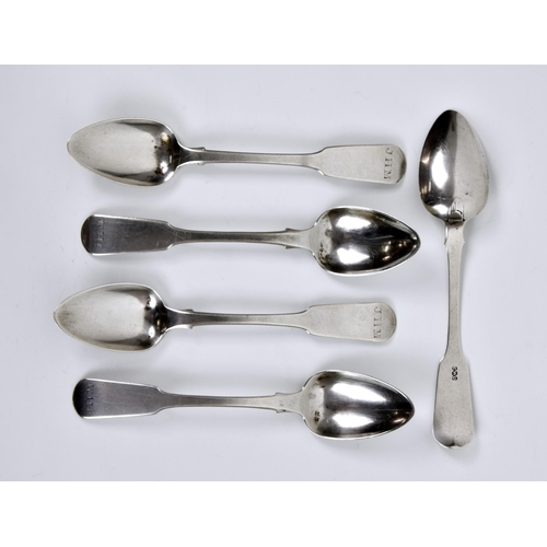 1017 - A set of five Channel Islands silver fiddle pattern teaspoons, maker's mark CWQ, struck once (Charle... 