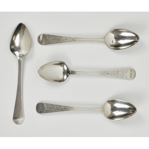 1022 - A set of four Channel Islands silver Old English bright cut teaspoons, maker's mark TDG over JLG str... 