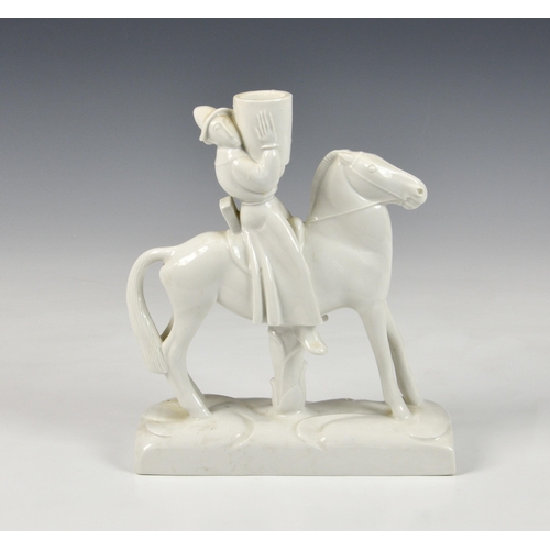 129 - A Meissen white glazed Oriental figure on horseback, 20th century, underglaze blue crossed sword mar... 