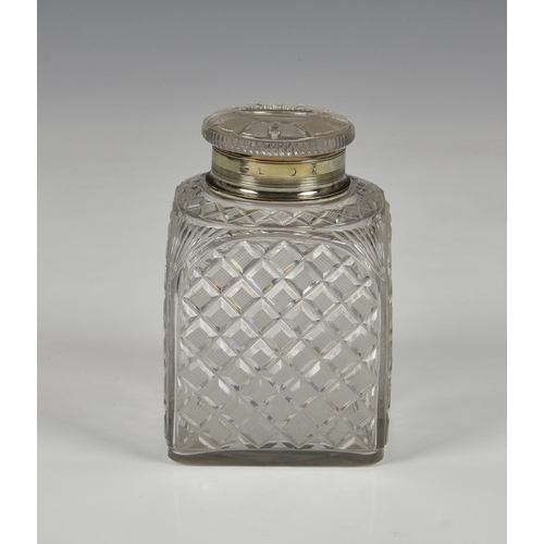 148 - A 19th century cut glass square tea caddy jar with silver collar, probably Continental, marks rubbed... 