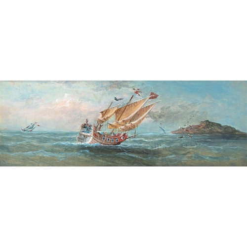 1640 - European School, 20th century, Chinese Junks at Sea. a pair, oil on panel, modern reproduction gold ... 