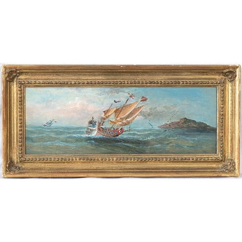 1640 - European School, 20th century, Chinese Junks at Sea. a pair, oil on panel, modern reproduction gold ... 