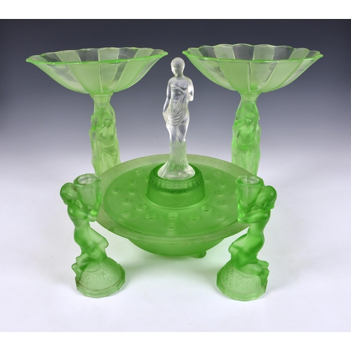 184 - A pair of Art Deco 'Three Graces' moulded uranium glass tazzas, the central column moulded as three ... 