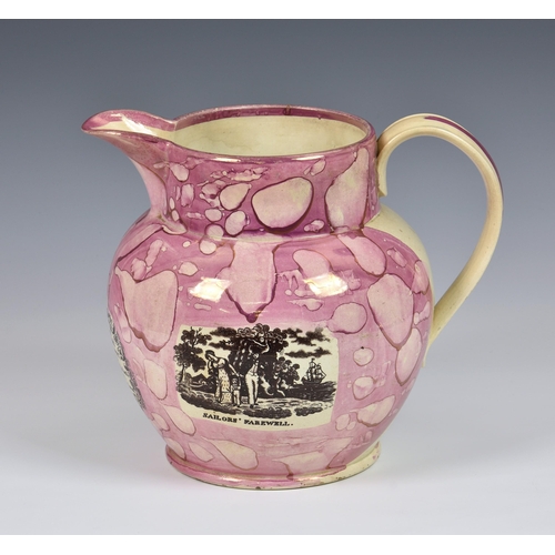 2 - A large Sunderland Pink Lustre Jug, painted and transfer printed with 'A west view of the iron bridg... 