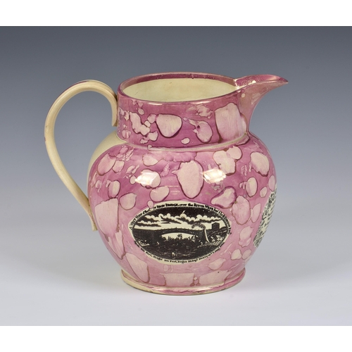 2 - A large Sunderland Pink Lustre Jug, painted and transfer printed with 'A west view of the iron bridg... 