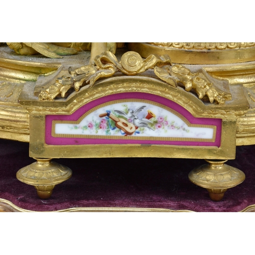 208 - A French gilt metal and porcelain mantel clock, emblematic of Innocence, late 19th / early 20th cent... 