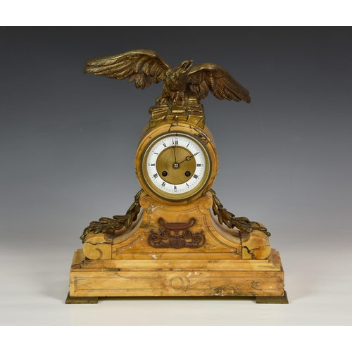 209 - A late 19th century French Sienna marble and ormolu mounted mantel clock, the drum case surmounted b... 