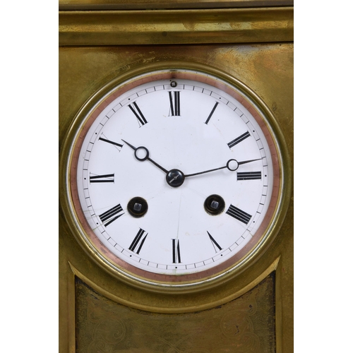 210 - A French brass architectural mantel clock, 19th century, the white Roman enamel dial fronting a two-... 