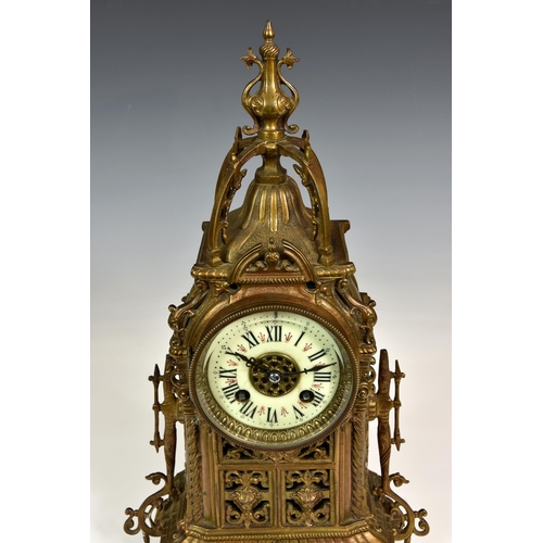 211 - A French cast and pierced brass mantel clock, late 19th century, the Renaissance style case with lan... 